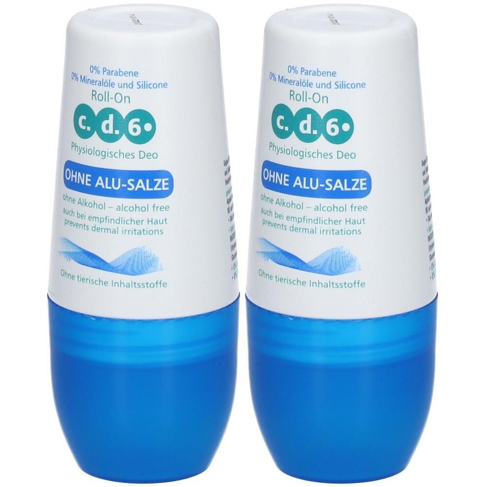 Zwei Roll-On-Deos mit weißem Behälter und blauem Unterteil. Aufschrift: Ohne Alu-Salze, c.d.6, Physiologisches Deo.