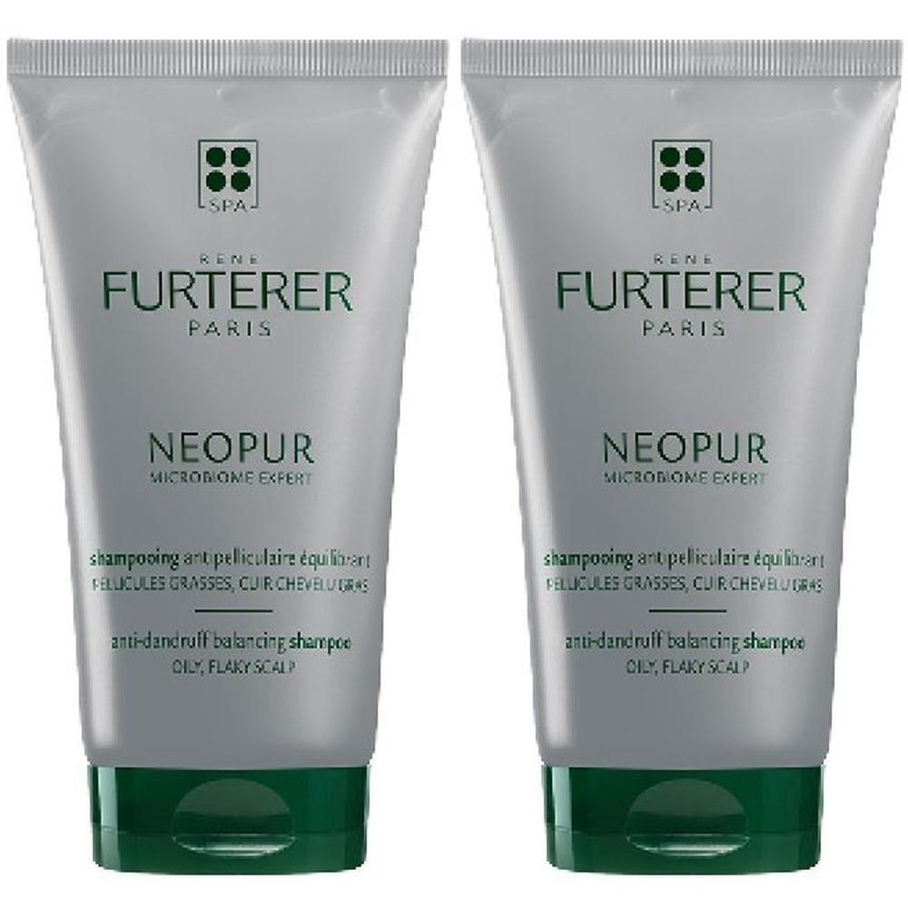 Zwei Tuben Shampoo. Grau-silberne Tuben mit grünem Verschluss. Text: René Furterer, Neopur.