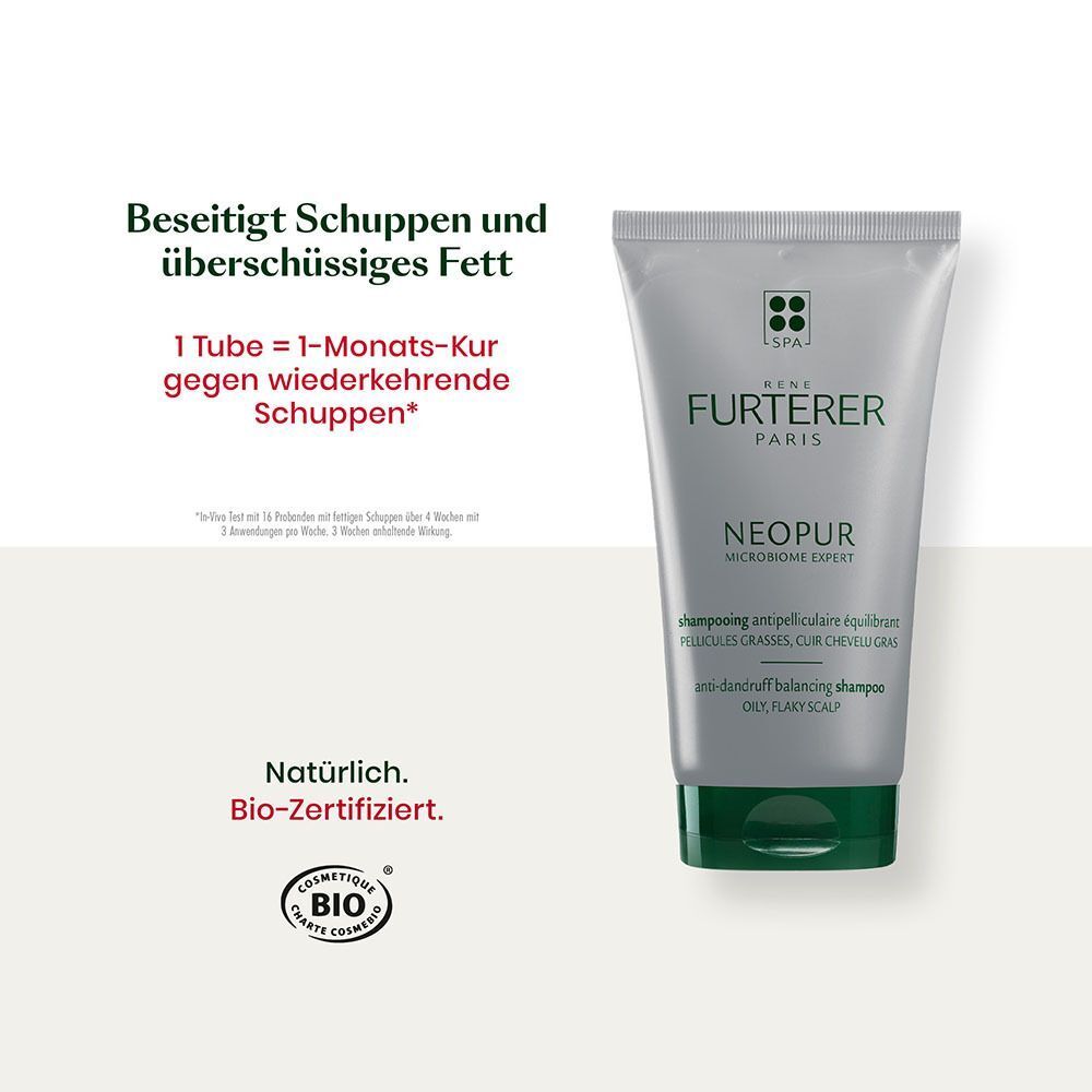 Shampoo-Tube. Grau-silberne Tube mit grünem Verschluss. Text: René Furterer, Neopur. Bio-Zertifizierung.
