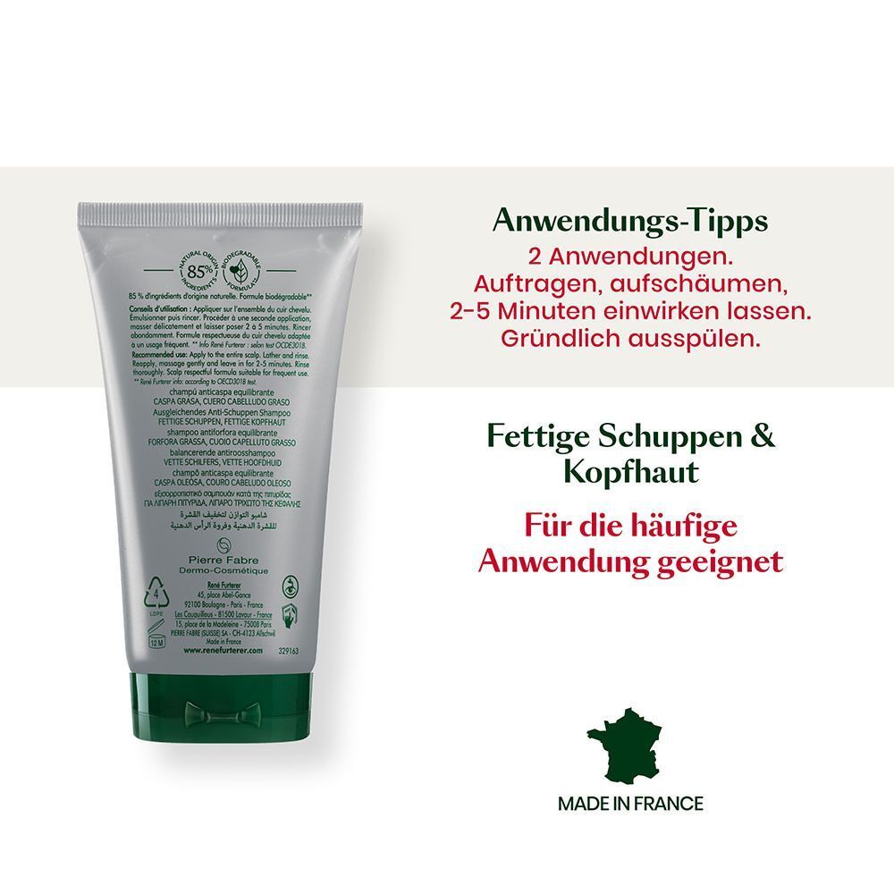 Rückseite der Shampoo-Tube. Text: Anwendungstipps, 2 Anwendungen, etc. Geeignet für häufige Anwendung. Made in France.