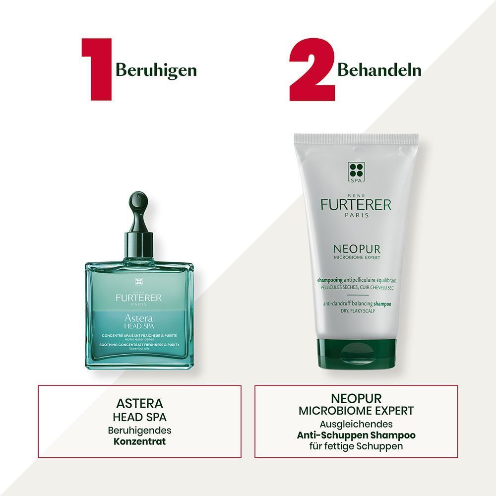 Zwei Produkte nebeneinander. Text: Astera Head Spa, Neopur Anti-Schuppen Shampoo für fettige Schuppen.