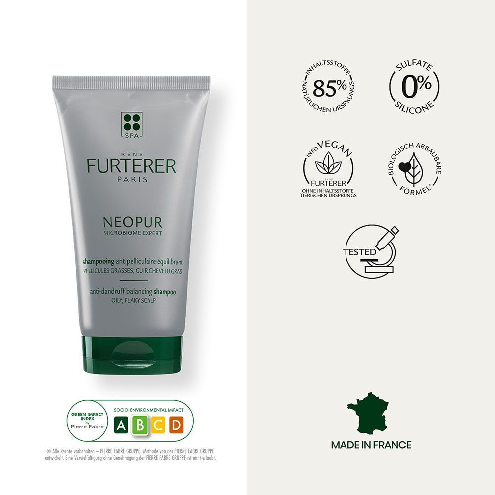 Shampoo-Tube. Text: René Furterer, Neopur. 85% Inhaltsstoffe natürlichen Ursprungs, 0% Silikone. Made in France.