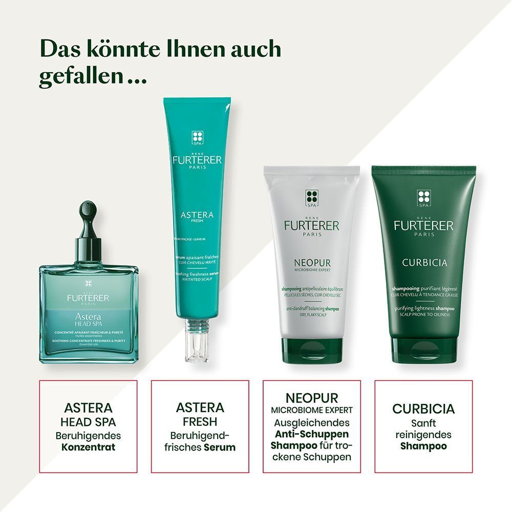 Vier Produkte. Text: Astera Head Spa, Astera Fresh Serum, Neopur Shampoo, Curbicia Shampoo.