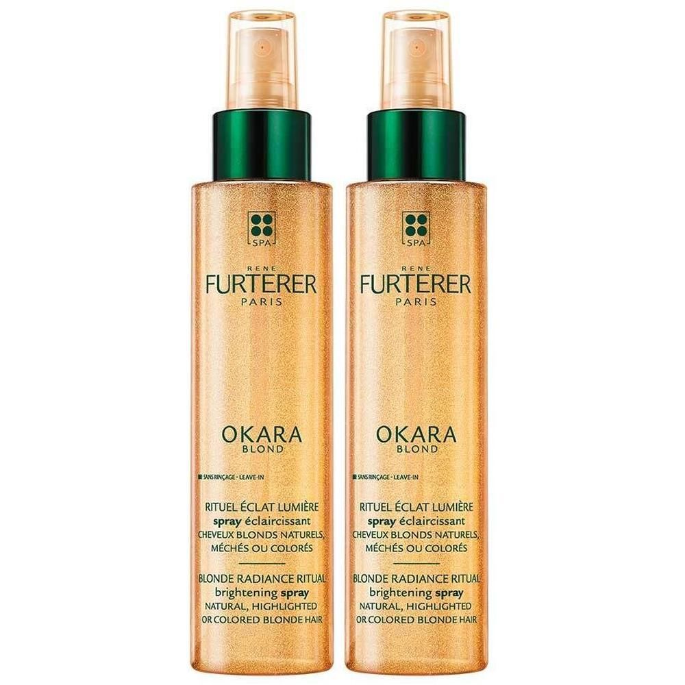 Zwei Sprühflaschen mit goldfarbenem Inhalt. Aufschrift: FURTERER PARIS, OKARA BLOND, RITUEL ÉCLAT LUMIERE, brightening spray.