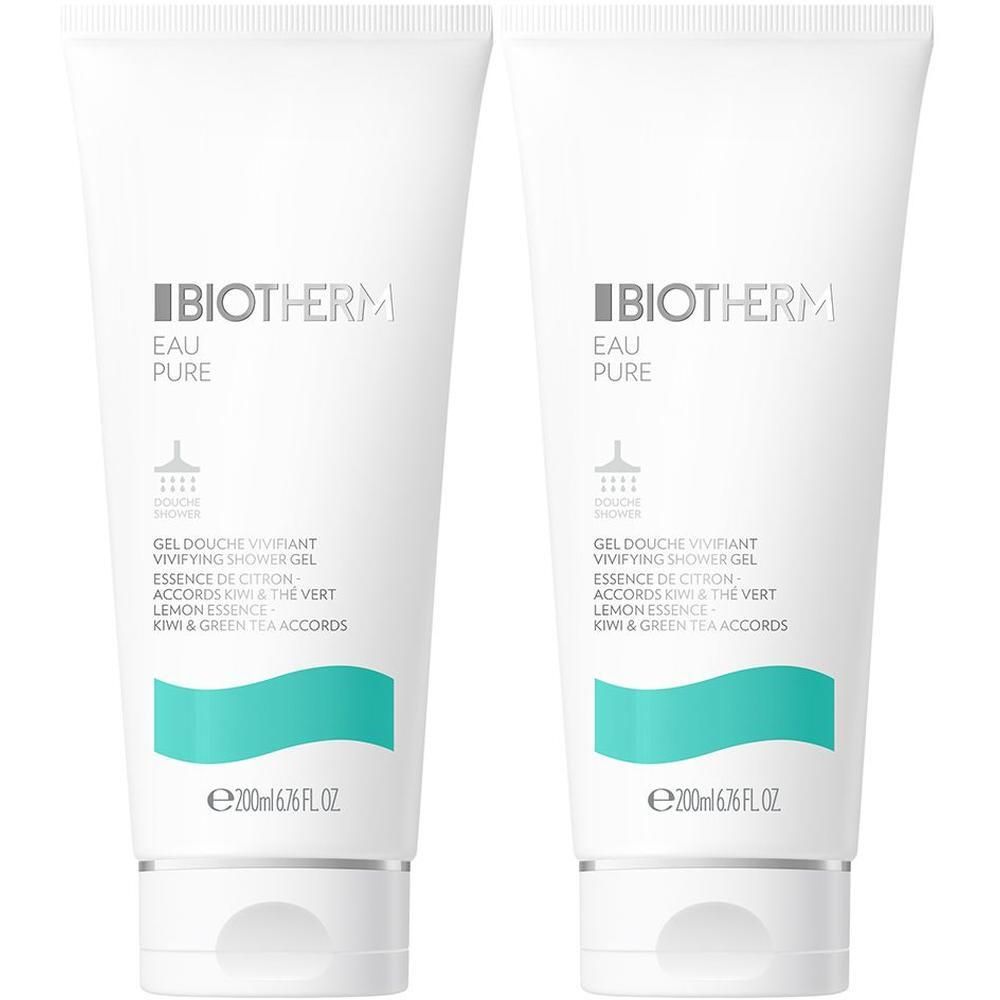 Zwei weiße Tuben Duschgel. Aufschrift: BIOTHERM, Eau Pure, Gel Douche Vivifiant. Türkisfarbener Streifen. 200ml.