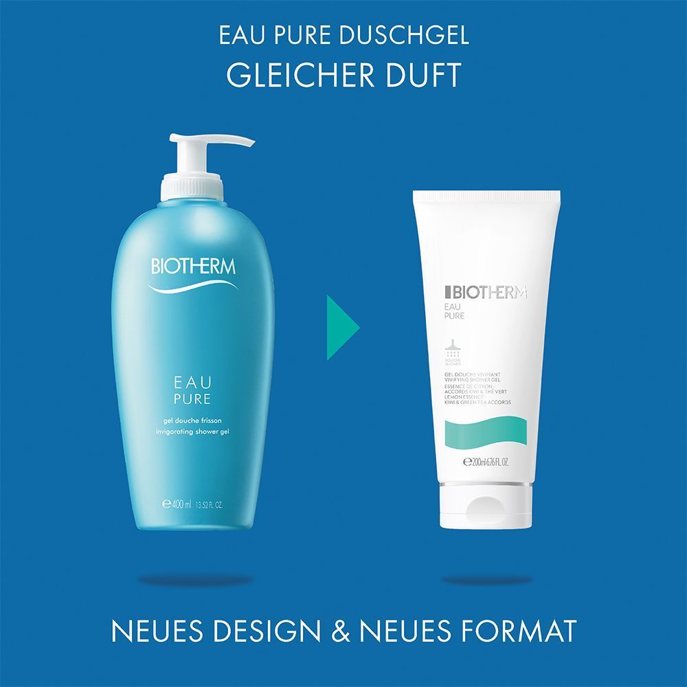 Vergleich: Flasche und Tube Duschgel. Flasche: blau, mit Pumpe. Tube: weiß, BIOTHERM, Eau Pure. Text: Neues Design & neues Format.