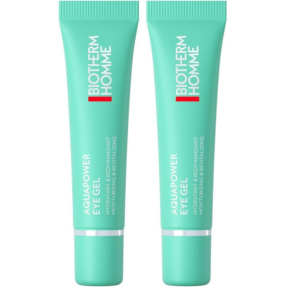 Zwei grüne Tuben mit silbernen Deckeln. Auf jeder Tube steht "BIOTHERM HOMME" und "AQUAPOWER EYE GEL".