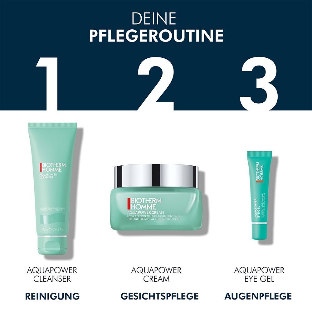 Drei Produkte: "AQUAPOWER CLEANSER", "AQUAPOWER CREAM" und "AQUAPOWER EYE GEL".
