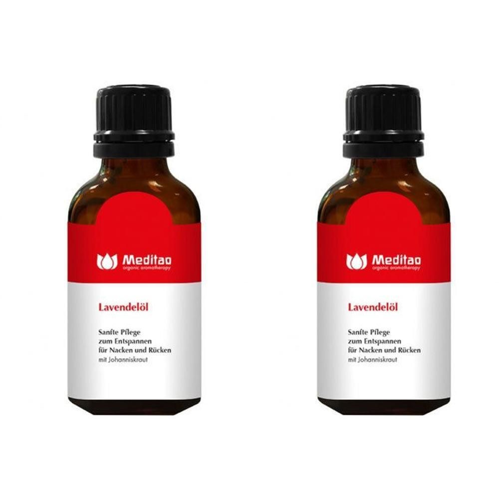 Zwei braune Glasflaschen mit schwarzem Verschluss. Rotes Etikett mit weißer Schrift: Lavendelöl, Meditao. Sanfte Pflege für Nacken und Rücken.