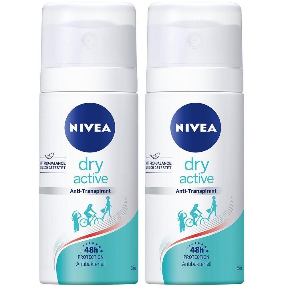 Zwei weiße Deosprays mit blauem NIVEA-Logo. Aufschrift: dry active, Anti-Transpirant, 48h Protection. Abbildung von Personen beim Sport.