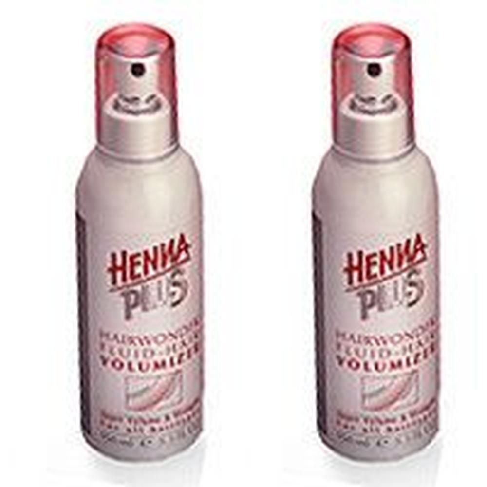 Zwei Flaschen Hennaplus Hairwonder Fluid Volumen. Weiße Flaschen mit roter Kappe und Aufschrift. Produktname und Logo deutlich sichtbar.