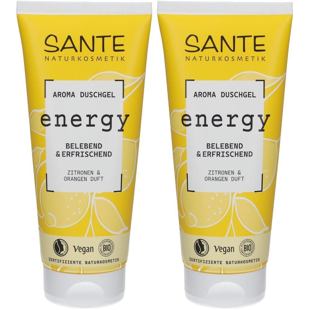 Zwei Tuben Duschgel. Gelbe Verpackung mit weißer Schrift. Aufschrift: SANTE, energy, Zitrone & Orange. Vegan- und Bio-Siegel.