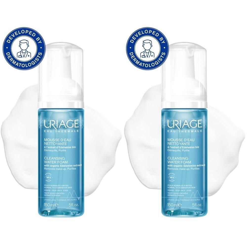 Zwei Flaschen Reinigungsschaum. Blaue Flaschen mit weißem Pumpspender. Entwickelt von Dermatologen.