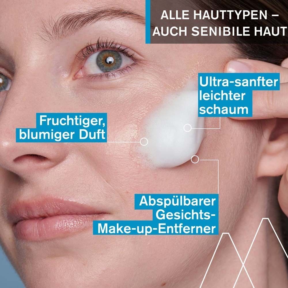 Gesicht mit Schaum. Text: Für alle Hauttypen, fruchtiger Duft, ultra-sanfter Schaum, Make-up-Entferner.