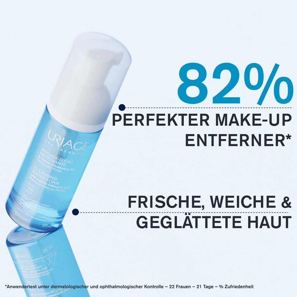 Blaue Flasche mit Schaum. Text: 82% perfekter Make-up-Entferner, frische, weiche & geglättete Haut.