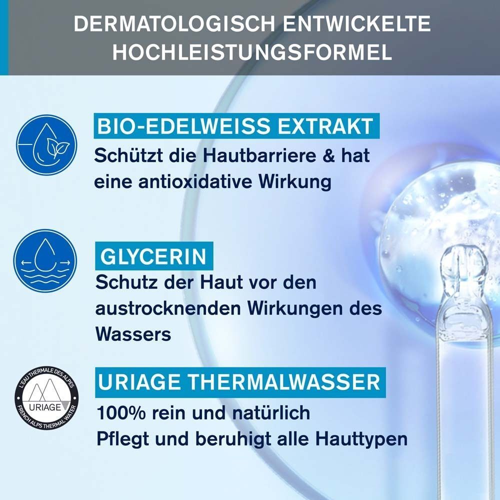 Text: Dermatologisch entwickelte Hochleistungsformel. Inhaltsstoffe: Bio-Edelweiß, Glycerin, Thermalwasser.