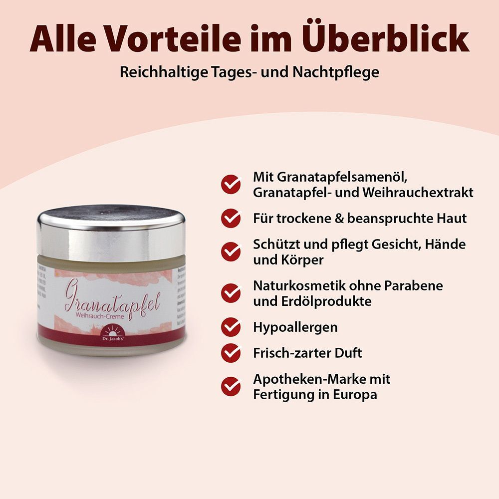 Tiegel Granatapfel-Weihrauch-Creme neben Text. Text: Vorteile, Inhaltsstoffe, Naturkosmetik, hypoallergen, Apotheken-Marke.