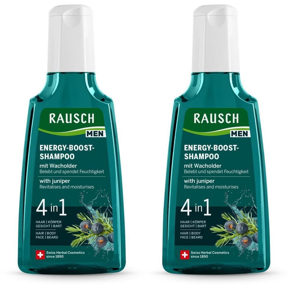 Zwei Flaschen Shampoo mit grüner Flüssigkeit und weißem Deckel. Aufschrift: RAUSCH MEN ENERGY-BOOST-SHAMPOO mit Wacholder. 4 in 1.