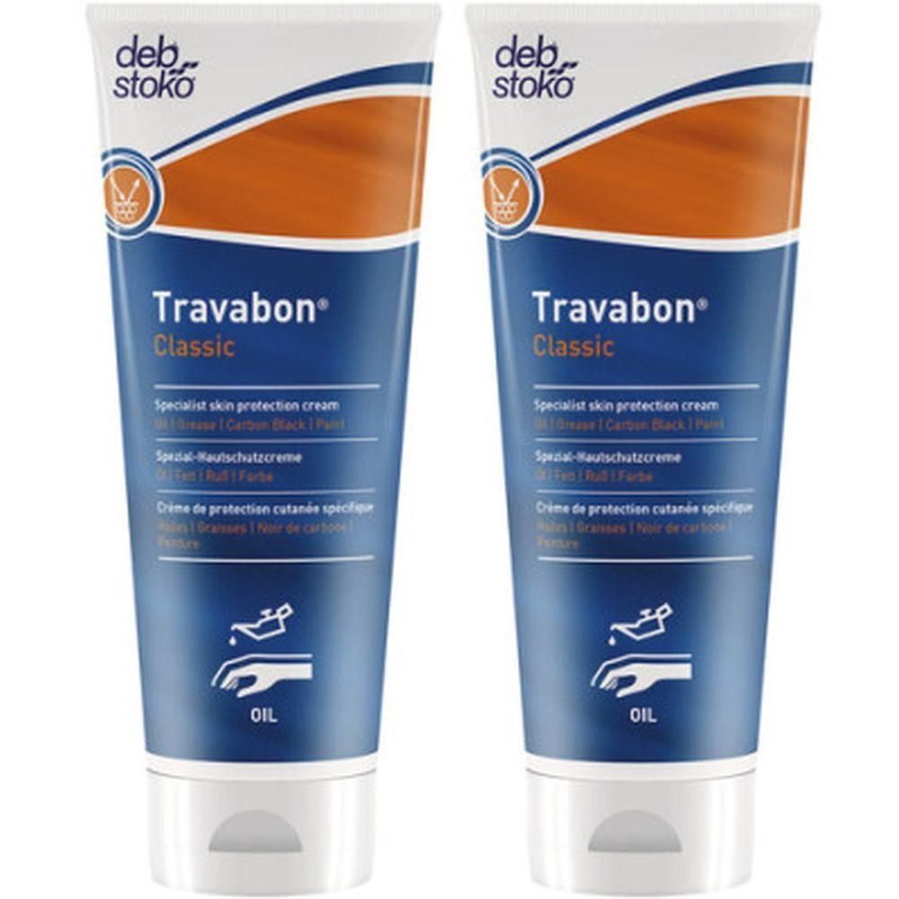 Zwei Tuben Hautschutzcreme. Blaue Tube mit weißem Deckel. Aufschrift: Travabon Classic, deb stoko. Enthält Öl.
