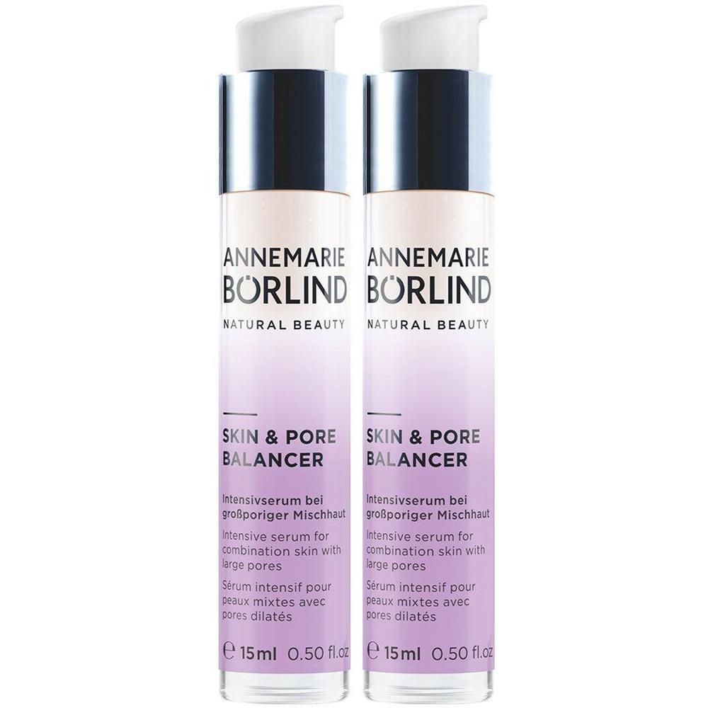 Zwei Flaschen BÖRLIND SHOT Skinpore Konzentrat. Weiße Pumpköpfe, silberne Manschetten, lila-weiße Etiketten. 15ml.