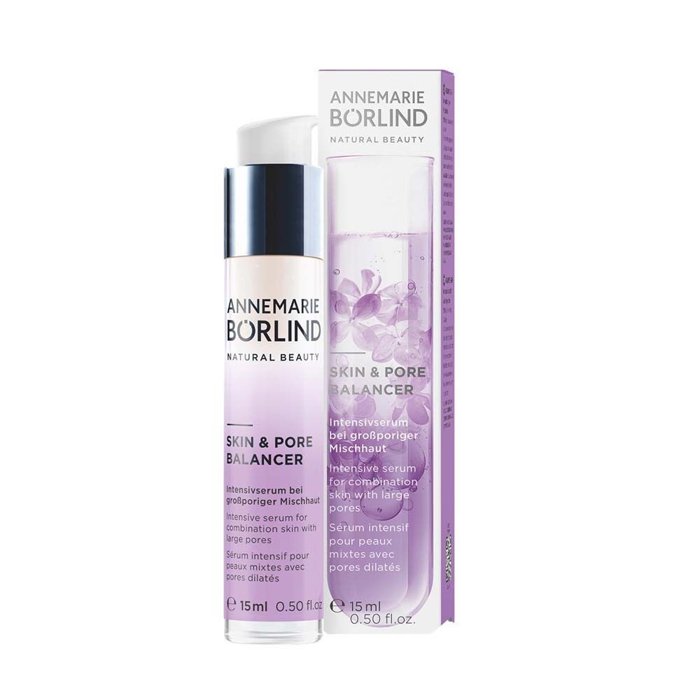 BÖRLIND SHOT Skin & Pore Balancer Flasche und Verpackung. 15ml. Lila-weißes Design.