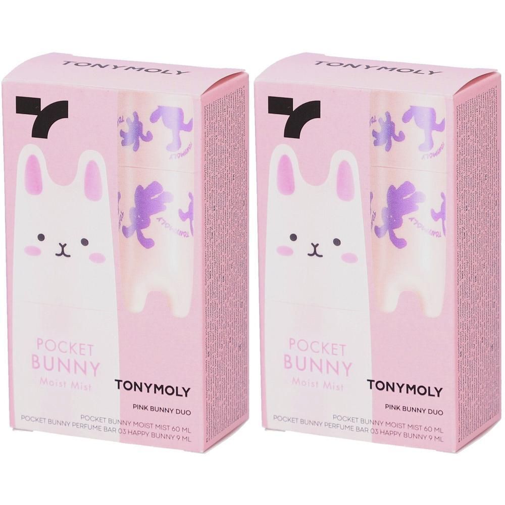 Zwei rosa Verpackungen mit dem Produkt TONYMOLY Pink Bunny Duo. Jede Packung zeigt ein Hasen-Design und Produktnamen.