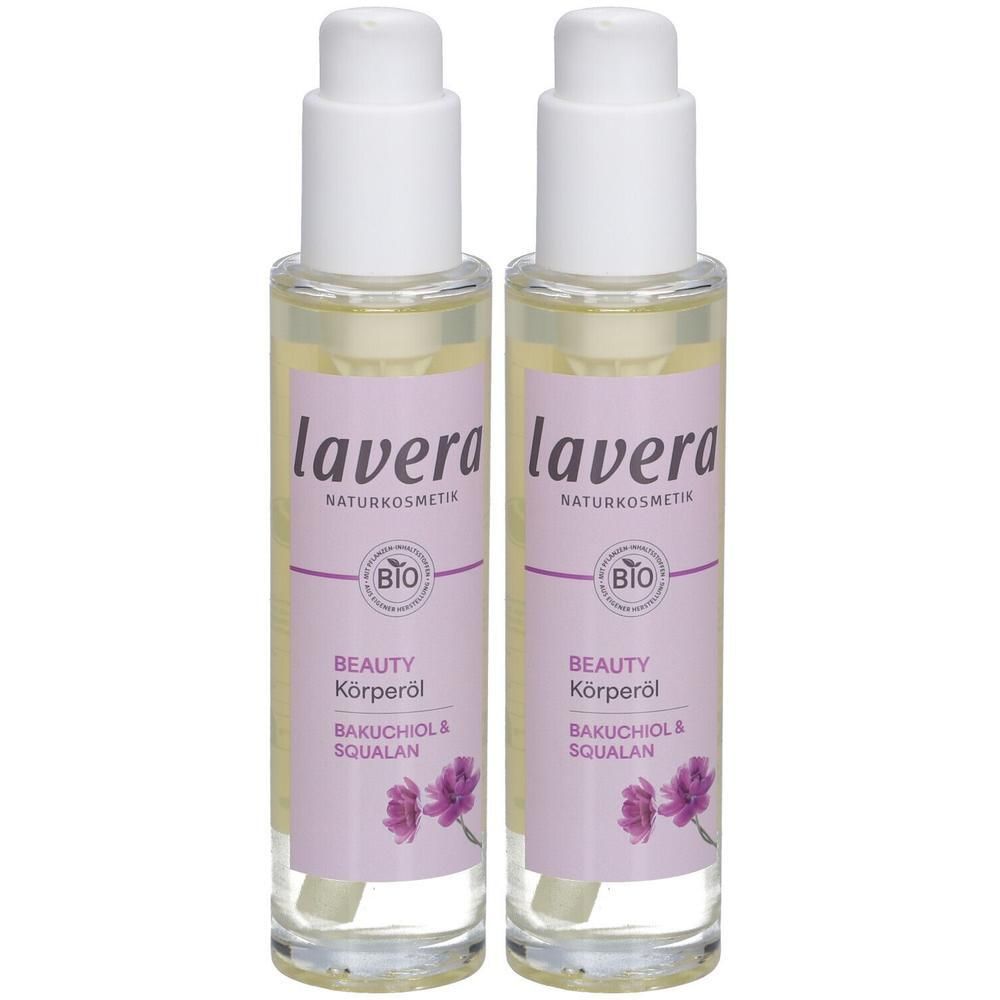 Zwei Flaschen Körperöl mit weißem Pumpverschluss. Auf dem Etikett steht "lavera", "BIO" und "Beauty Körperöl".