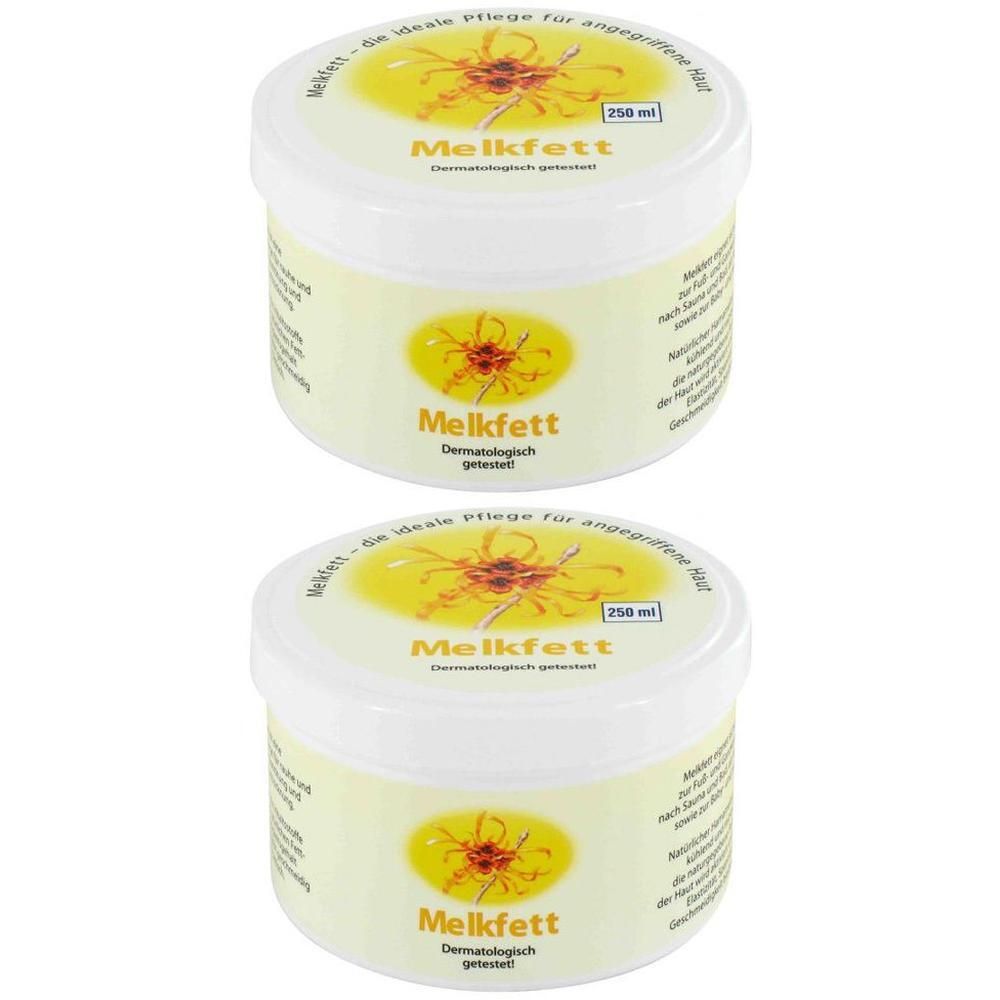 Zwei Cremetiegel mit gelbem Etikett und Aufschrift "Melkfett". Deckel mit gelbem Motiv und Text. "Dermatologisch getestet".
