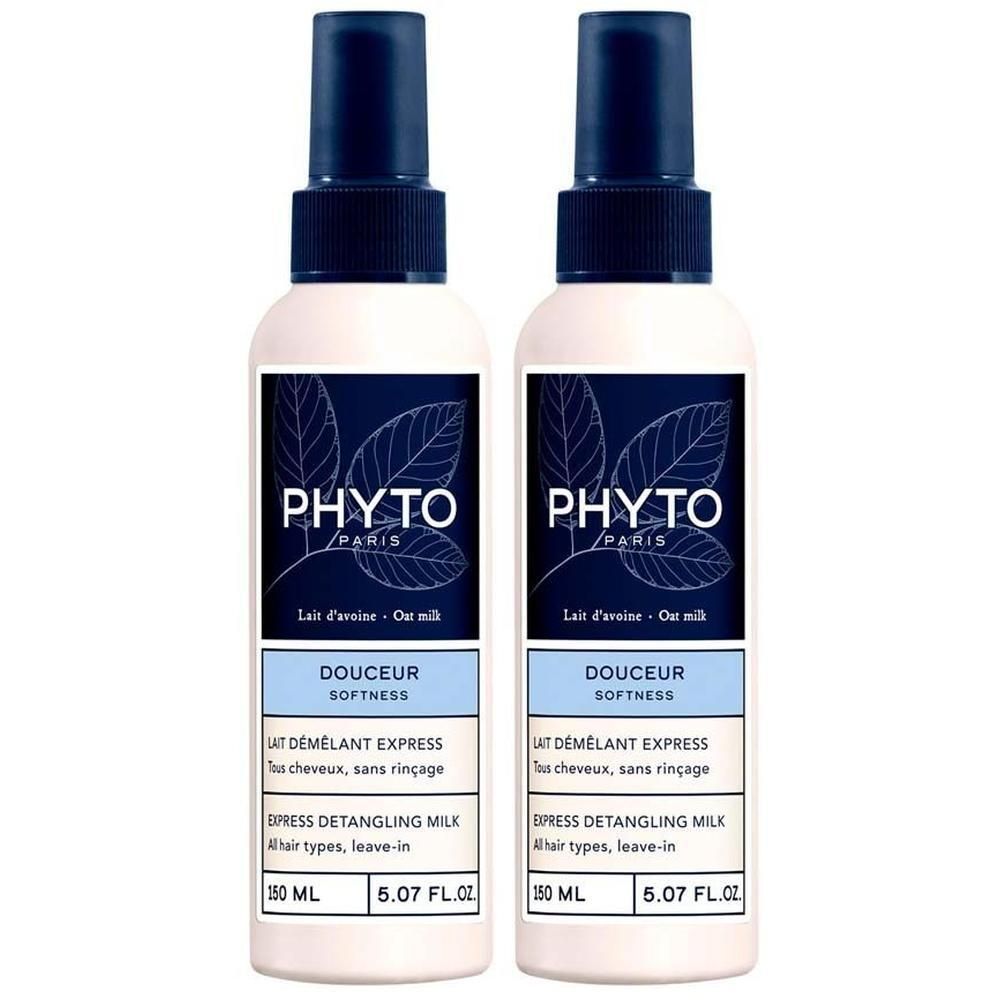 Zwei Flaschen PHYTO PARIS Entwirrungslotion. Weiße Flaschen mit blauem Aufdruck und Sprühkopf. Text: Douceur Softness, Express Detangling Milk.