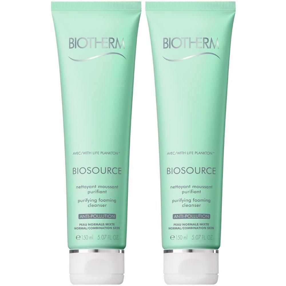 Zwei Tuben BIOTHERM Biosource Reinigungschaum. Hellgrüne Tuben mit weißem Verschluss. Aufschrift: BIOSOURCE, Reinigungschaum.