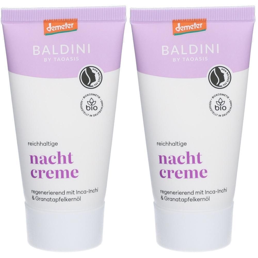 Zwei Tuben BALDINI Nachtcreme. Lila-weiße Verpackung mit Schriftzug und Logos. Demeter-Siegel und Bio-Zertifizierung.