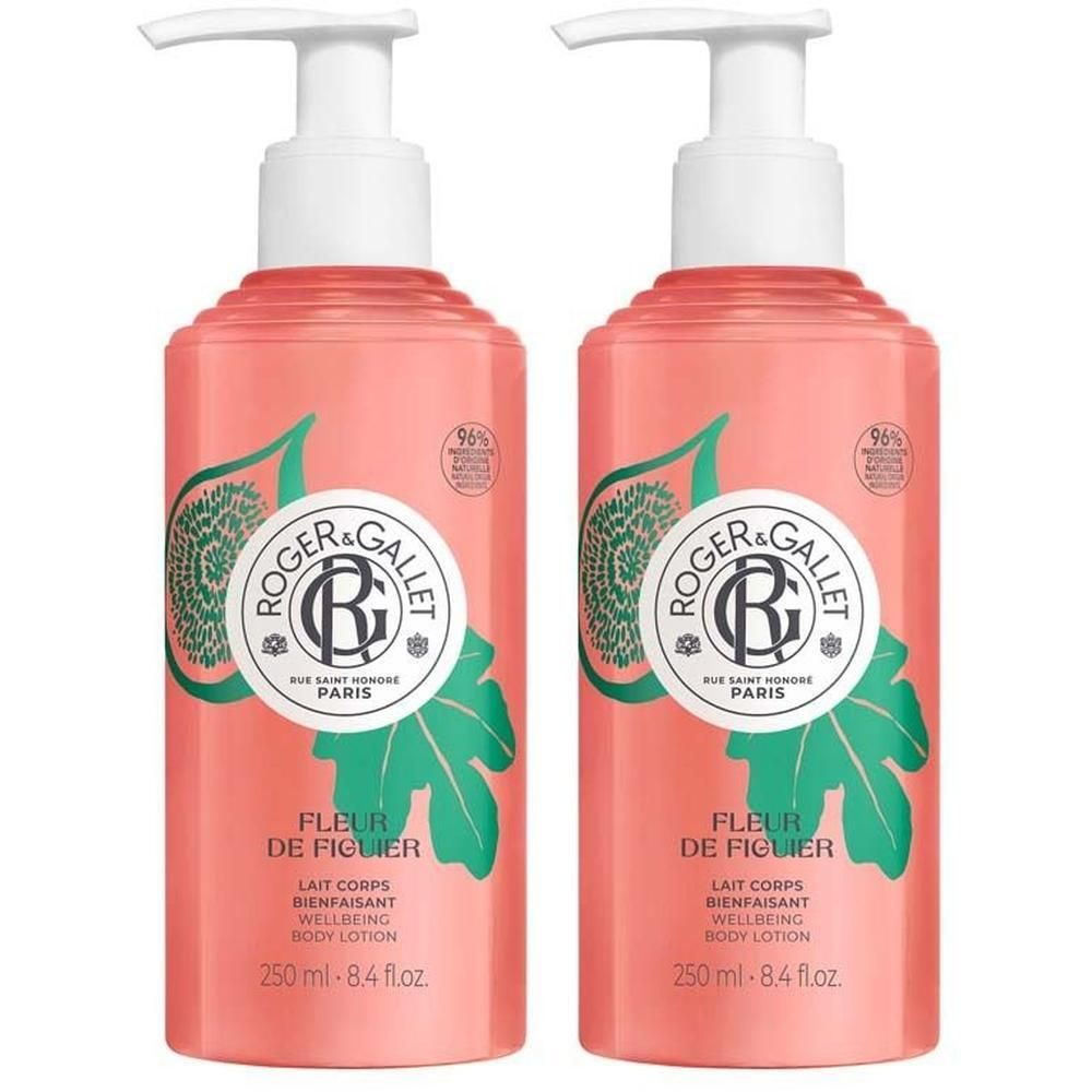 Zwei Flaschen Körperlotion mit Pumpverschluss. Aufschrift: ROGER & GALLET, Fleur de Figuier, 250 ml.