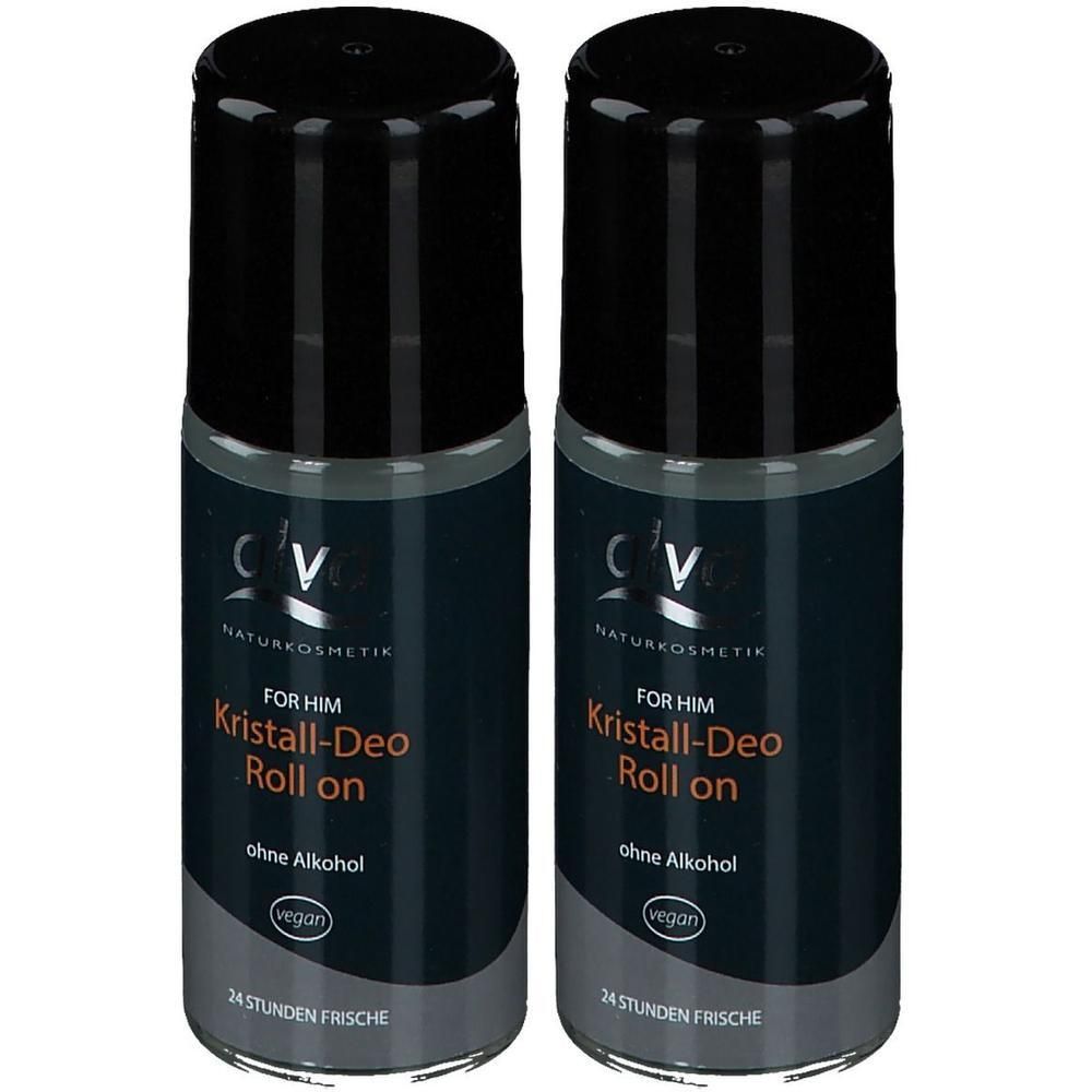 Zwei Roll-on Deodorants mit schwarzem Deckel. Aufschrift: Kristall-Deo Roll on, ohne Alkohol, vegan. Marke CV Naturkosmetik.
