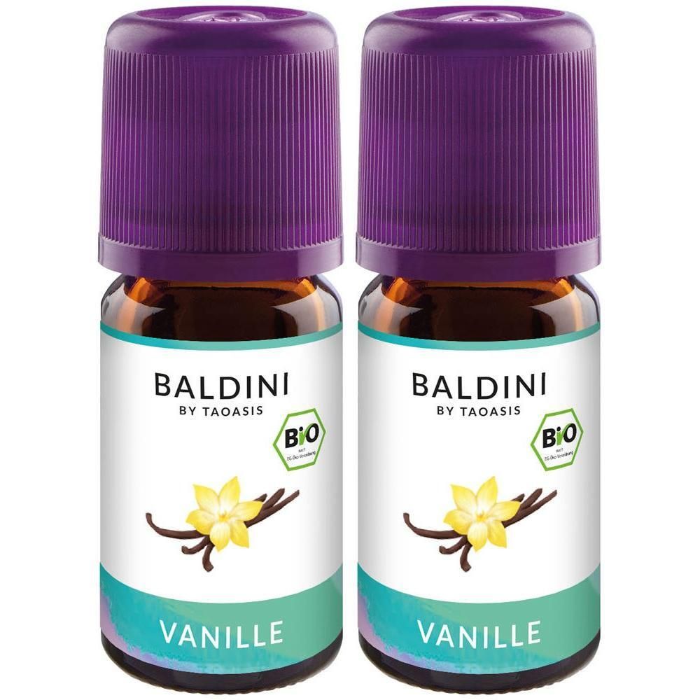 Zwei kleine Glasflaschen mit lila Deckeln. Auf den Etiketten steht "BALDINI", "Vanille" und ein Bio-Siegel. Abbildung einer Vanilleblüte.