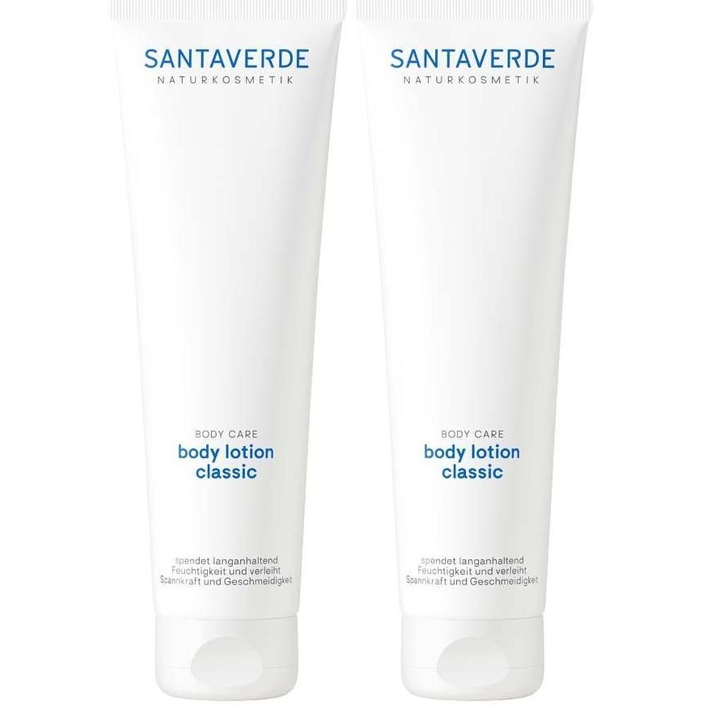 Zwei weiße Tuben mit SANTAVERDE-Logo und Aufschrift "body lotion classic".
