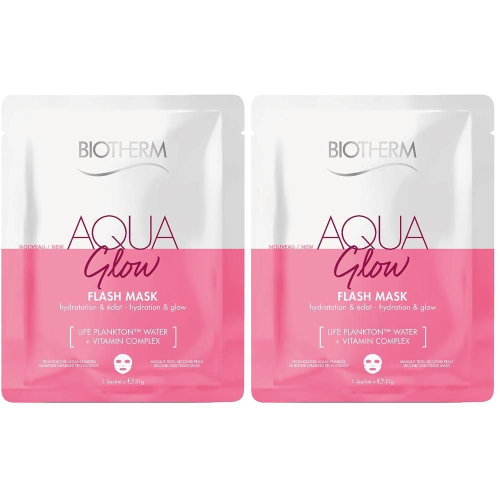 Zwei quadratische Beutel mit rosa und weißem Design. Aufschrift: BIOTHERM, AQUA Glow, FLASH MASK. Enthält Life Plankton Water + Vitamin Complex.