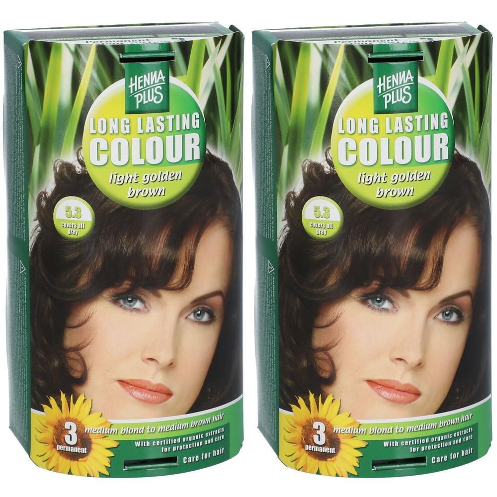 Zwei Packungen Haarfarbe. Aufschrift: Hennaplus Long Lasting Colour light golden brown 5,3. Abbildung einer Frau mit braunen Haaren.