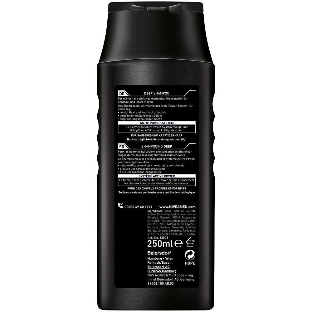 Rückseite einer schwarzen Shampoo-Flasche. Text in Deutsch und Französisch. Aufschrift: Deep Shampoo. 250ml.