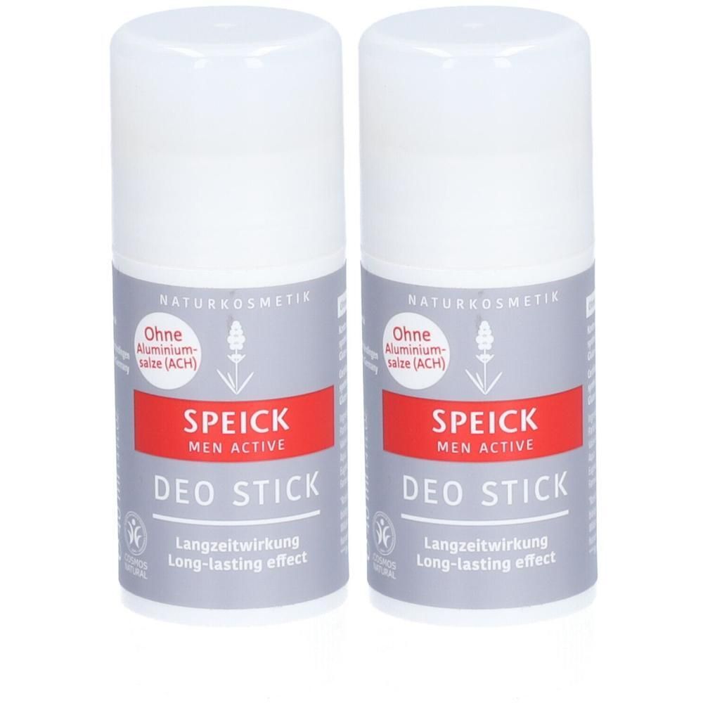Zwei Deostifte mit weißem Deckel. Aufschrift: SPEICK MEN ACTIVE DEO STICK. Ohne Aluminiumsalze. Langzeitwirkung.