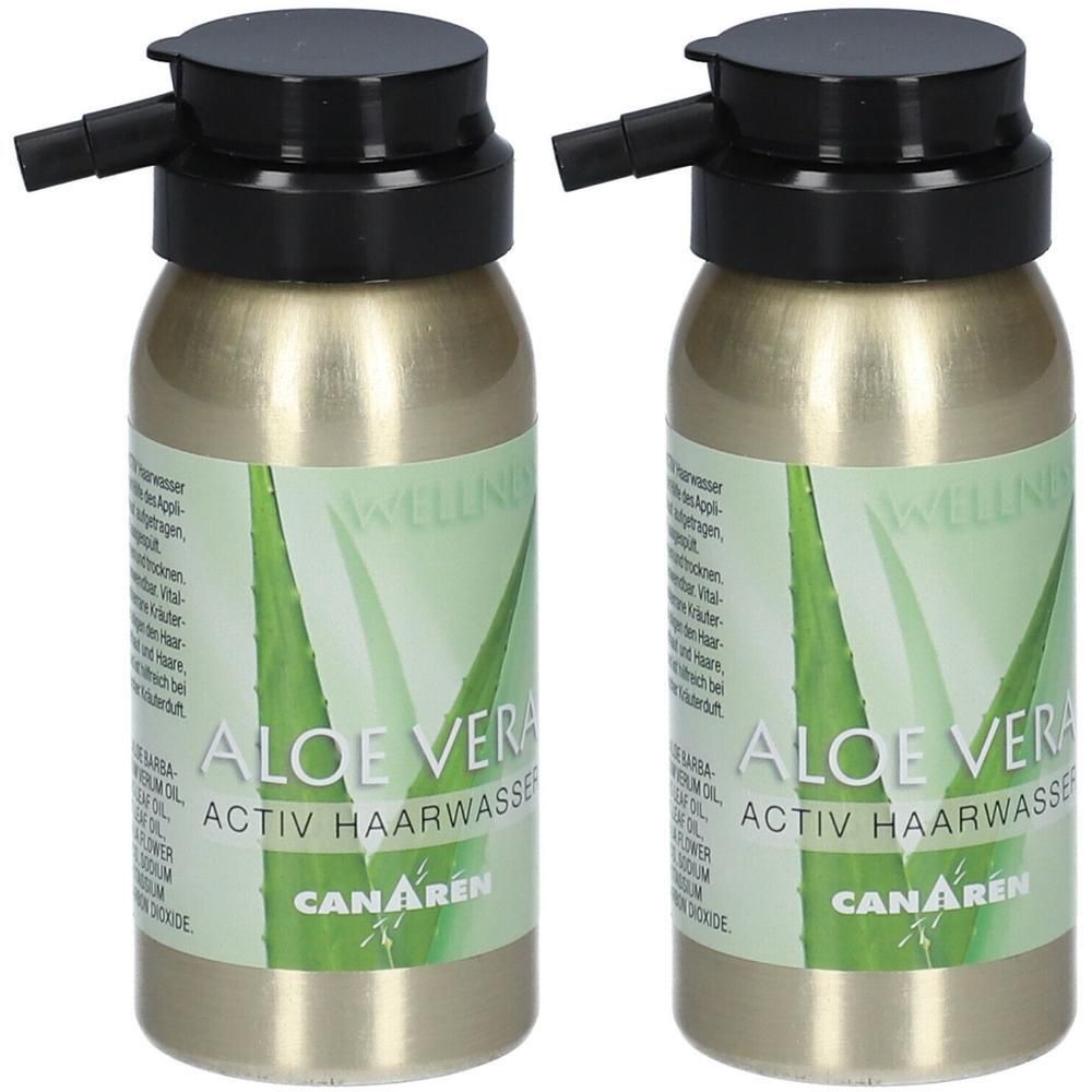 Zwei Sprühflaschen mit schwarzem Sprühkopf. Aufschrift: ALOE VERA ACTIV HAARWASSER. Marke: CANAREN. Goldfarbene Flaschen mit Aloe-Vera-Motiv.