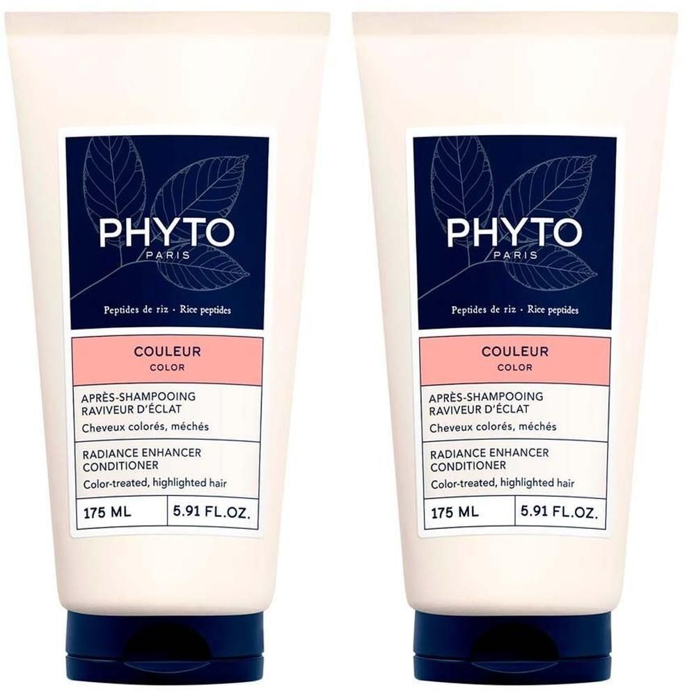 Zwei Tuben PHYTO PARIS Conditioner. Weiß, mit blauem Etikett und rosa Akzent. Text: COULEUR, 175 ml, 5.91 FL.OZ.