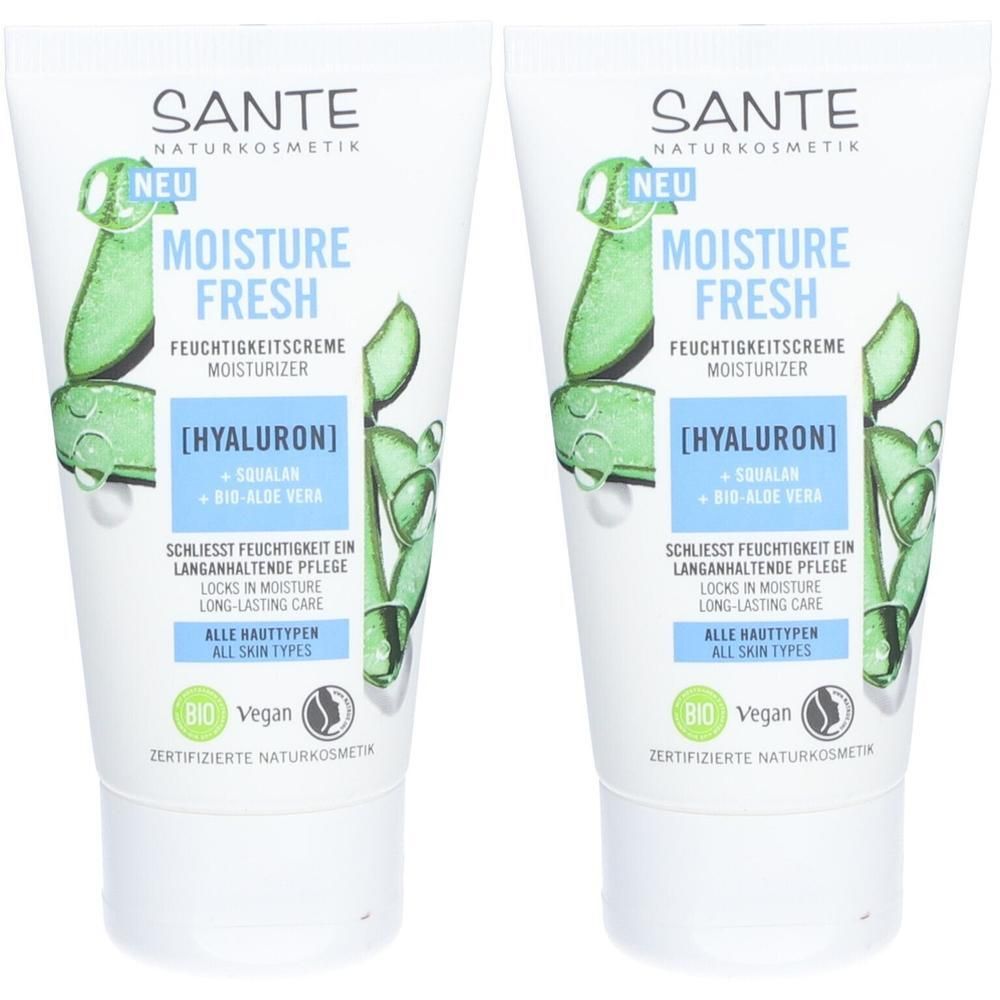 Zwei Tuben Feuchtigkeitscreme. Aufschrift: MOISTURE FRESH, [HYALURON], Bio, Vegan. Zertifizierte Naturkosmetik. Weiße Tuben mit grünen Akzenten.