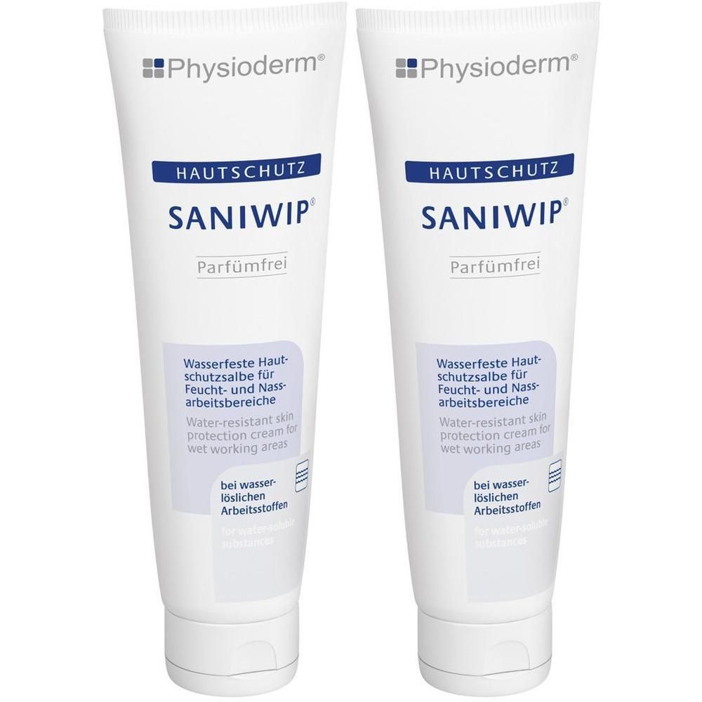 Zwei Tuben Saniwip Hautschutzcreme. Weiße Tuben mit blauer Schrift. Text: HAUTSCHUTZ, SANIWIP, parfümfrei. Wasserfeste Hautschutzsalbe.