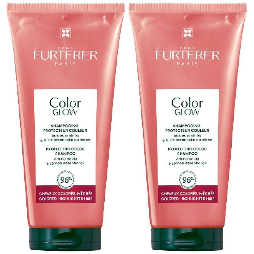 Zwei rosa Tuben Shampoo mit grünem Verschluss. Aufschrift: Color Glow, Protecting Color Shampoo.