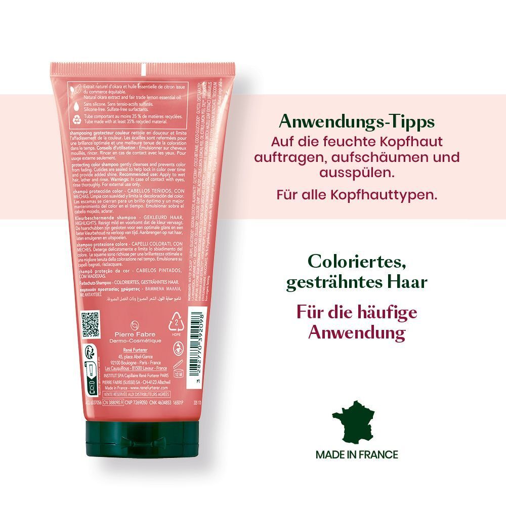 Rückseite einer rosa Tube Shampoo. Text: Coloriertes, gesträhntes Haar. Für die häufige Anwendung. Made in France.
