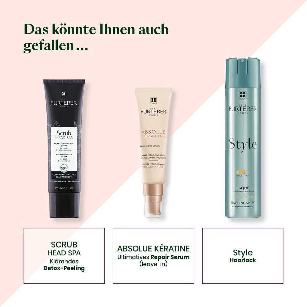 Drei Produkte. Text: Scrub Head Spa Detox-Peeling. Absolue Kératine Ultimativos Repair Serum. Style Haarlack.