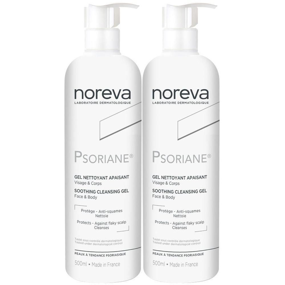 Zwei weiße Flaschen mit Pumpverschluss. Aufschrift: noreva, PSORIANE, Reinigungsgel für Gesicht & Körper. Text in Französisch und Englisch.