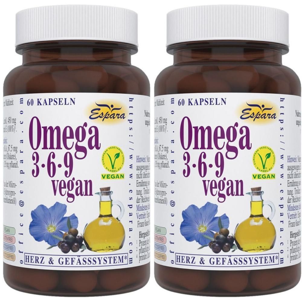 Zwei braune Flaschen mit weißen Deckeln. Auf den Etiketten steht "Omega 3-6-9 vegan" und das Logo "Vegan".