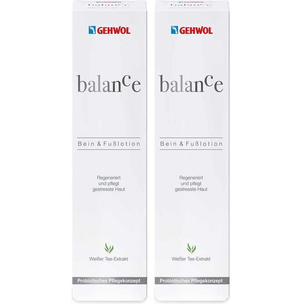 Zwei weiße Flaschen mit "balance Bein & Fuß Lotion"-Aufdruck. Logo: GEHWOL. Text: Regeneriert und pflegt gestresste Haut. Weißer Tee-Extrakt.