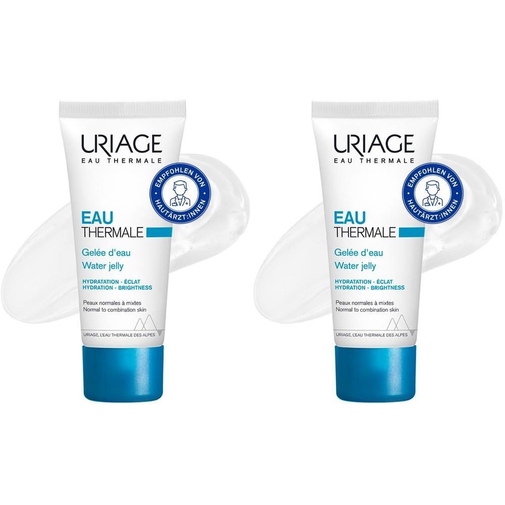 Zwei Tuben Uriage Eau Thermale Water Jelly. Weiß-blaue Tuben mit Produkt- und Markenbezeichnungen. Empfohlen von Dermatologen.